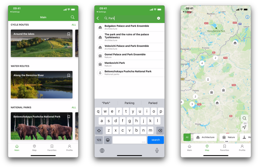 Radzima.app screenshots showing three different screens